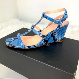 J. Crew T-Strap Wedges in Snake-Embossed Leather in Sky Blue